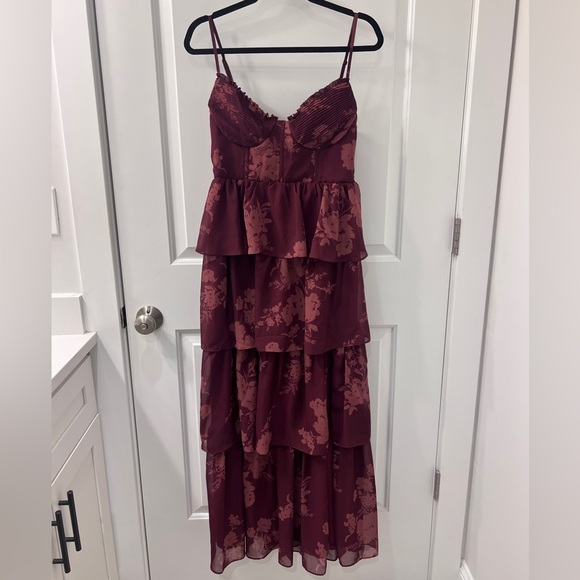 Buddy Grey Burgundy Tiered Floral Dress